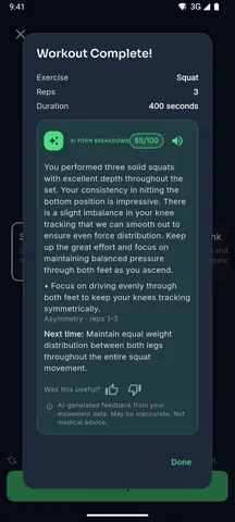 Form report after a squat set, with a score and one tip