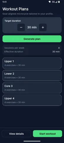 Workout plans screen with the sessions for the week